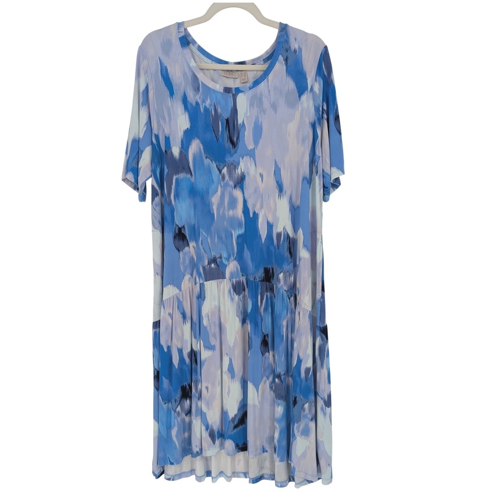 LOGO Lori Goldstein Rayon 230 Dress LP Blue Abstract Elbow Sleeve Lagenlook Boho